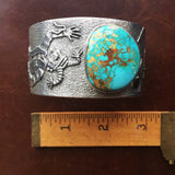 Navajo Handmade Sterling Silver Blue Gem Turquoise with 18K Gold Cuff Bracelet