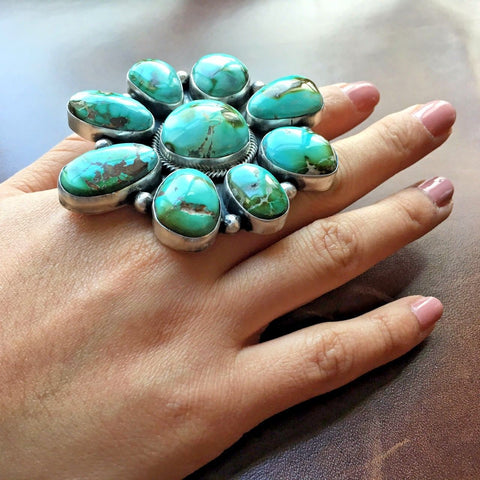Handmade Statement Sterling Natural Huge Royston Turquoise Cluster Ring Size 8