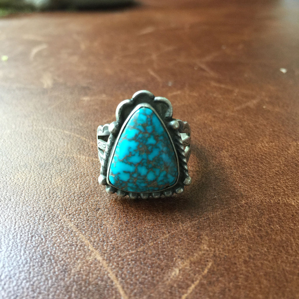 Old Pawn Handmade Super Rare Lone Mountain Turquoise Ring 