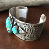 Two Stone Simple Silver Stamp Royston Turquoise Cuff Bracelet Ray Bennet Signed