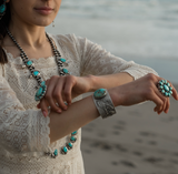 Navajo Handmade Sterling Silver Blue Gem Turquoise with 18K Gold Cuff Bracelet