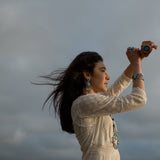 Navajo Handmade Sterling Silver Blue Gem Turquoise with 18K Gold Cuff Bracelet