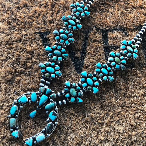 Double Oxidized Sterling Navajo Pearl Carico Lake Squash Blossom Necklace Signed