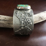 Navajo Handmade Sterling Silver Blue Gem Turquoise with 18K Gold Cuff Bracelet
