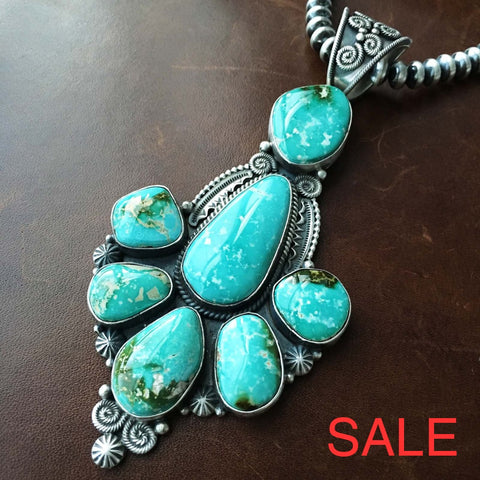 7 Stone Statement Royston Turquoise Necklace Handmade And Signed M R Necklaces / Pendants