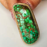 Unisex Lime Green Webbed Carico Lake Turquoise Ring 14K Gold Signed Size 9