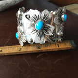 Large Stunning Sterling Silver Sleeping Beauty Turquoise 5 Flower Bracelet Cuff
