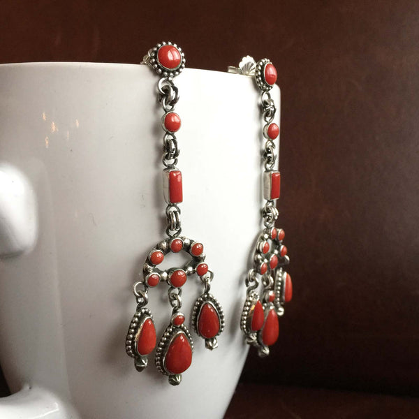 Navajo Handmade Mini Clustered 11.2 Carat Red Coral Dangle Earrings