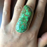 Unisex Lime Green Webbed Carico Lake Turquoise Ring 14K Gold Signed Size 9