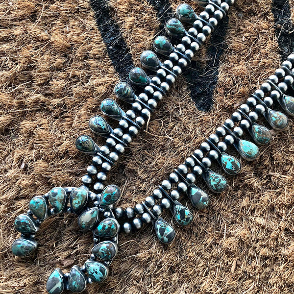 Carico Lake Turquoise Mini Squash Blossom Necklace Double Oxidized Signed