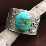 Navajo Handmade Sterling Silver Blue Gem Turquoise with 18K Gold Cuff Bracelet