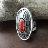 Beautiful Long Bright Red Coral Sterling Ring Signed Marita Benally Size 8