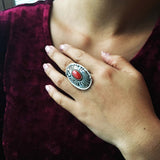 Beautiful Long Bright Red Coral Sterling Ring Signed Marita Benally Size 8