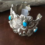 Large Stunning Sterling Silver Sleeping Beauty Turquoise 5 Flower Bracelet Cuff