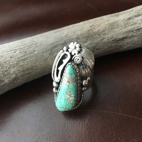 Small Handmade Seagreen Carico Lake Sterling Silver Overlay Ring Size 7
