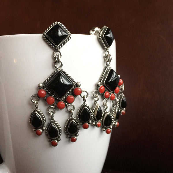 Mini Clustered 3.8 Carat Red Coral with Black Onyx Chandelier Earrings