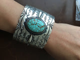 Natural #8 Turquoise Stamped Sterling Silver Cuff Signed Larry Martinez Chavez