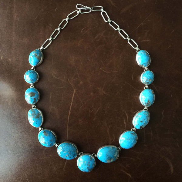 Handmade Sterling Silver 13 Stoned Kingman Turquoise Adjustable Necklace