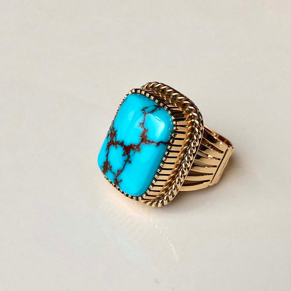 Lets Dance Egyptian Turquoise 14K Gold Ring Handmade Ray Bennett Signed Sz 7.5