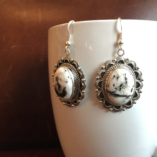 Beautiful Handmade Sterling Silver White Buffalo Oval Earrings Variation 1