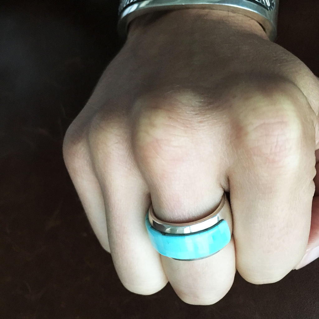 For Men Tiled Kingman Turquoise Sterling Silver Band Ring Size 11.5 – Toqos