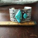 Two Stone Simple Silver Stamp Royston Turquoise Cuff Bracelet Ray Bennet Signed