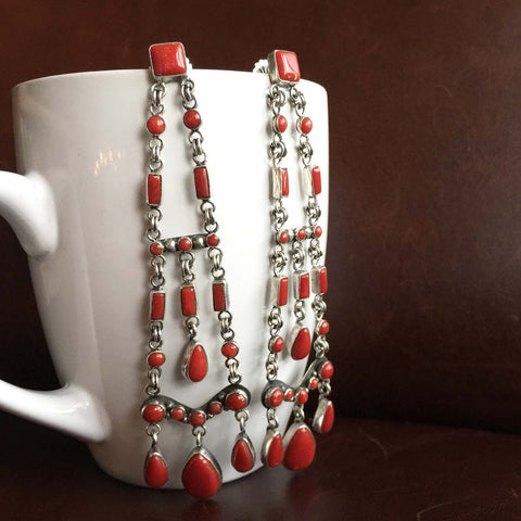 Beautiful Handmade Mini Clustered 26 Carat Red Coral Extra Long Dangle Earrings