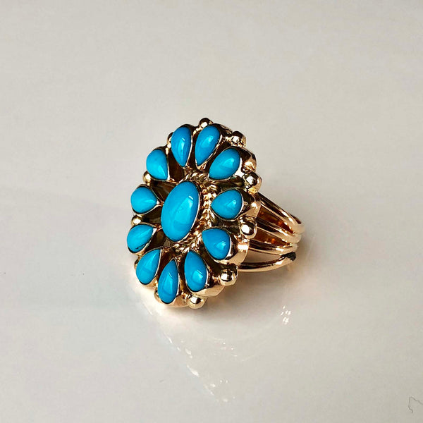 Robins Blue Firework 14K Gold Sleeping Beauty Ring Flower Cluster Signed Size 7