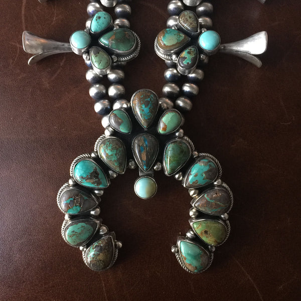 Natural Carico Lake Squash Blossom Small Naja Necklace Signed Jimmy Lee