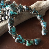 Vintage Carico Lake Turquoise Cluster Squash Blossom Oxidized Necklace Set