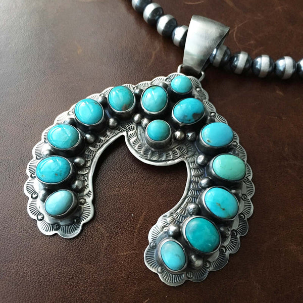 14 Stone Navajo Squash Blossom Naja with Navajo Beads Necklace Signed BRD