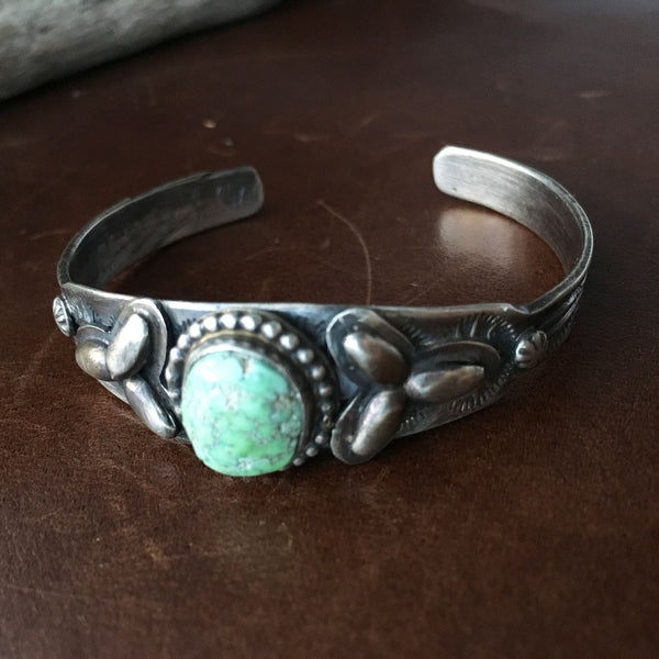 Simple Single Stone Carico Lake Turquoise Stamped Sterling Overlay Bracelet