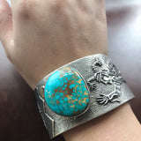 Navajo Handmade Sterling Silver Blue Gem Turquoise with 18K Gold Cuff Bracelet