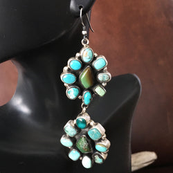 Double Flower Cluster Dangle Carico Lake Turquoise Earrings Sterling Signed