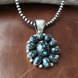 Dark New Lander Flower Pendant Necklace with 16 inch Navajo Beads Signed