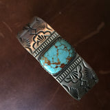 Natural #8 Turquoise Stamped Sterling Silver Bracelet Signed Lorenzo Juan