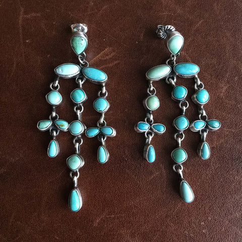 Navajo Handmade Light Blue and Seagreen Carico Lake Long Chandelier Earrings