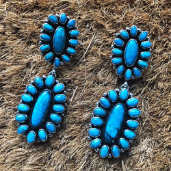Double Flower Cluster Dangle Kingman Turquoise Earrings Signed by B. Jimenez