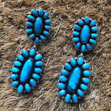 Double Flower Cluster Dangle Kingman Turquoise Earrings Signed by B. Jimenez