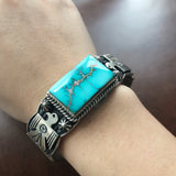 Navajo Handmade Sterling Silver Rectangular Pilot Mountain Turquoise Bracelet