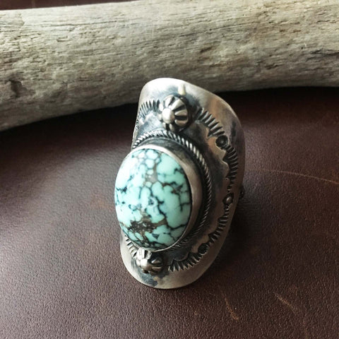 Beautiful Handmade New Lander Turquoise Oval Sterling Silver Ring Size 6