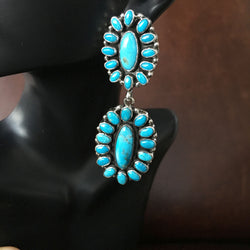 Kingman Long Earrings Cluster Flower Merenci Turquoise with Pyrite Signed
