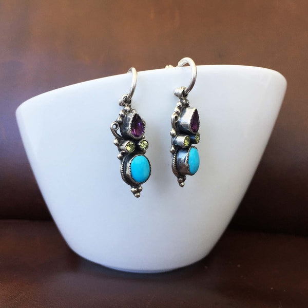 Classy Sleeping Beauty Turquoise with Green and Purple Topaz Earrings