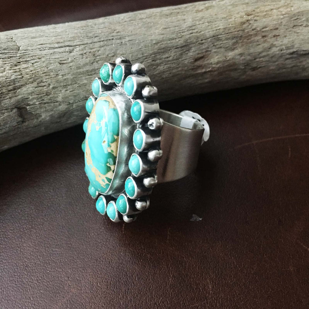 Handmade Royston Turquoise with Mini Cluster Ring Signed Paul Livingst ...