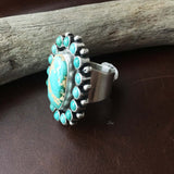 Handmade Royston Turquoise with Mini Cluster Ring Signed Paul Livingston Size 7