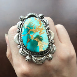 Classic Natural Stamped Sterling Silver Large Royston Turquoise Ring Size 8