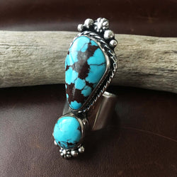 Beautiful Two Stoned Natural Egyptian Turquoise Sterling Silver Ring Size 8