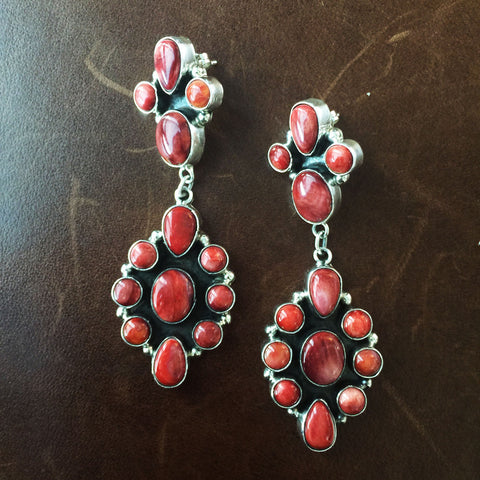 Red Petit Cluster Spiny Oyster Sterling Earrings Long Dangle Handmade