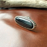Sterling Natural Long Oval Black Onyx Ring Handmade and Signed Size 8