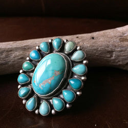 Medium Sterling Silver Clustered Carico Lake Turquoise Long Flower Ring Size 7